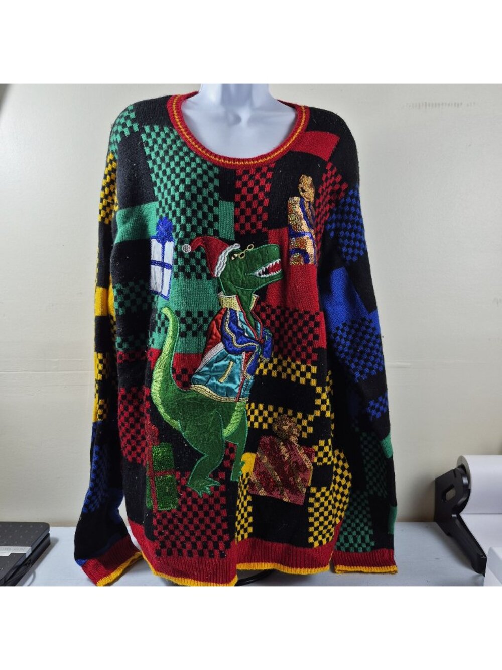 Holiday Time 2XL 50-52 Ugly Christmas Sweater T-Rex Dinosaur Sequin